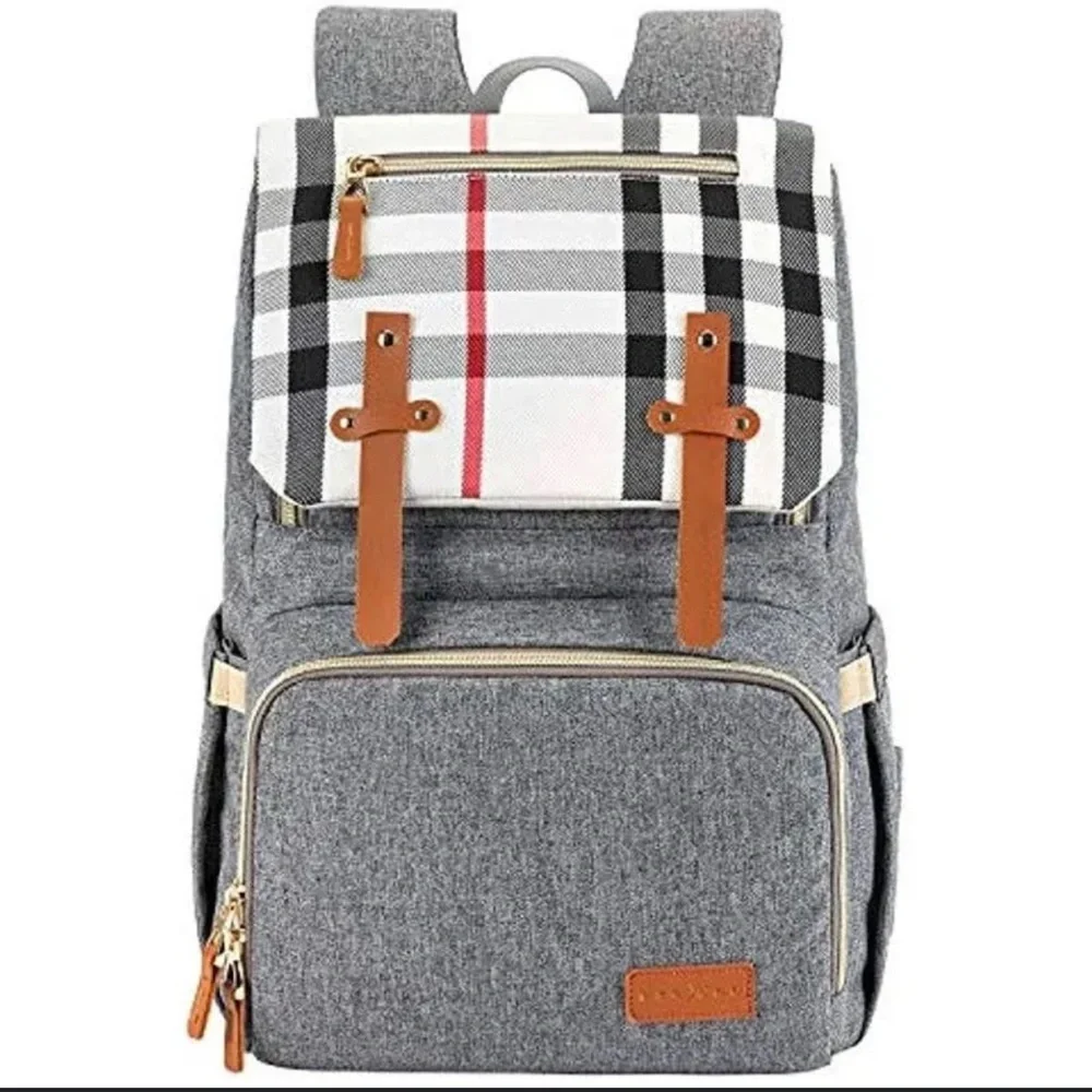 Espidoo Diaper Bag Stylish Gray Backpack with Tan Accents - Picture 1 of 10